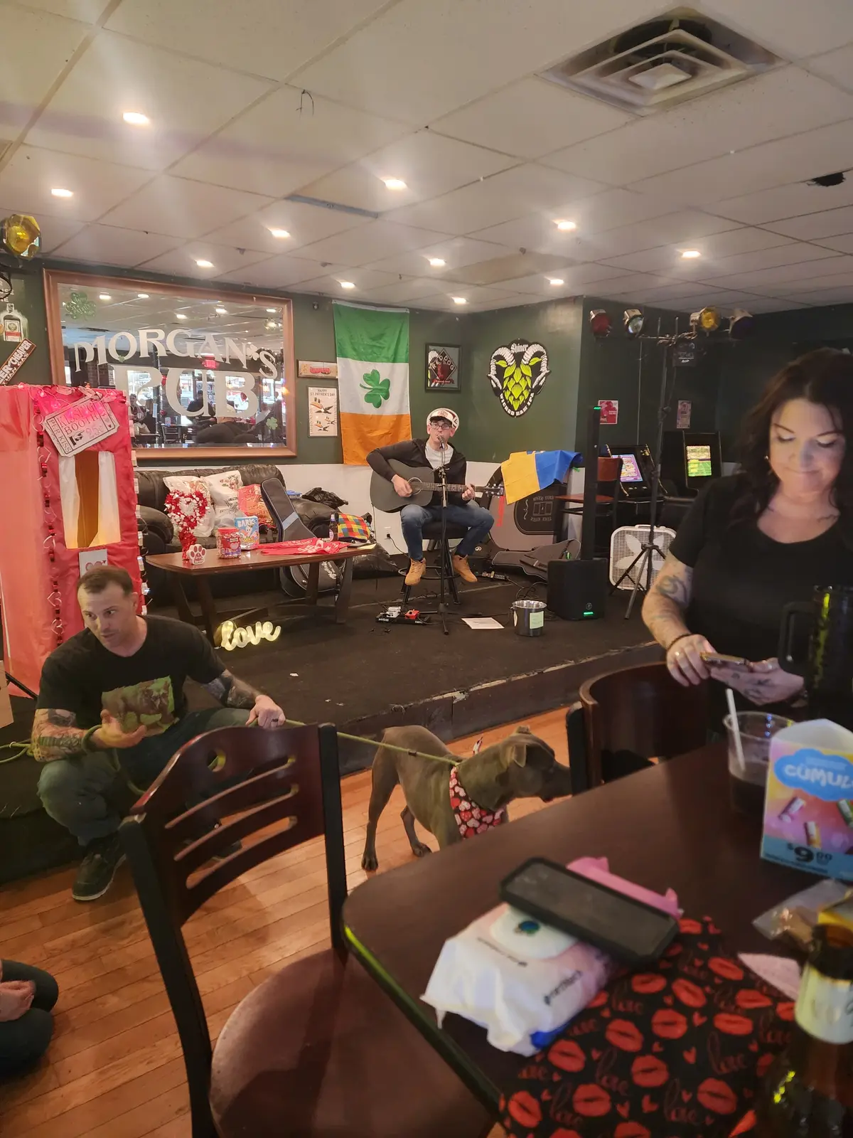 Rescue dogs and volunteers spending time together indoors